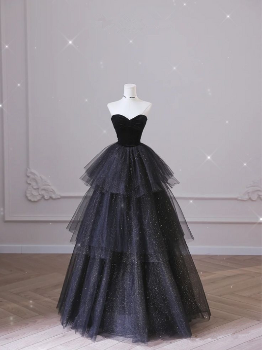 Black Sweetheart A-Line Tulle Tiered Long Formal Evening Ball Gown MD7527