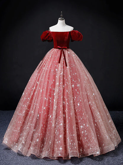 Burgundy/Pink Tulle Velvet Long Prom Dress, Burgundy Formal Dress MD7168