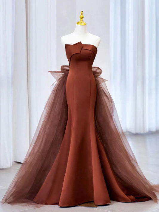 Brown Mermaid Satin Tulle Long Prom Dress, Brown Long Evening Dress  MD7164