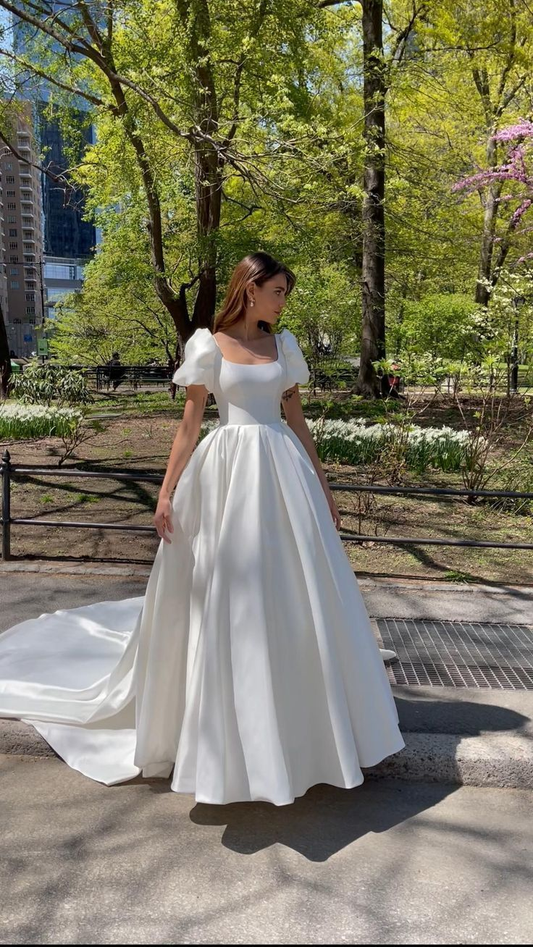 White A-Line Short Sleeves Satin Elegant Long Wedding Dress MD7510