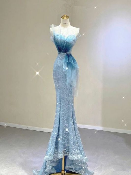 Stunning Blue Strapless Sequins Mermaid Long Evening Party Dress MD7446