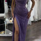 Purple Off Shoulder Sheath Split Long Party Dress Evening Gown, D228