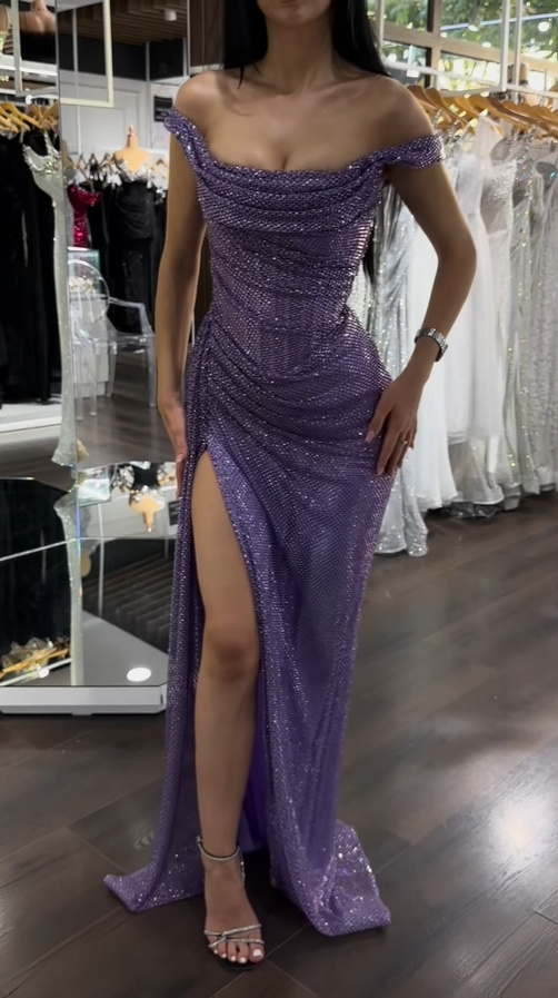 Purple Off Shoulder Sheath Split Long Party Dress Evening Gown, D228