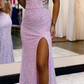 Lilac V Neck Straps Sequins Open Back Mermaid Long Party Dress MD7360