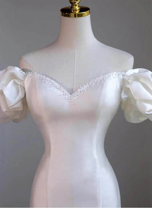 Chic White Sweetheart Mermaid Wedding Party Dress Satin Formal Dress MD7210