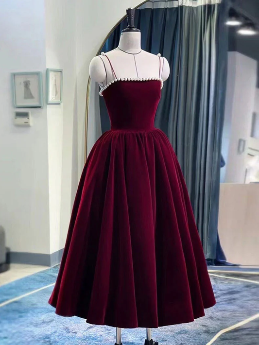 Simple burgundy tea length prom dress, burgundy homecoming dress  MD7234