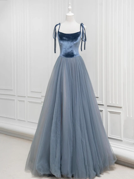 Gray Blue A-Line Velvet Tulle Long Prom Dress Evening Party Dress MD7197