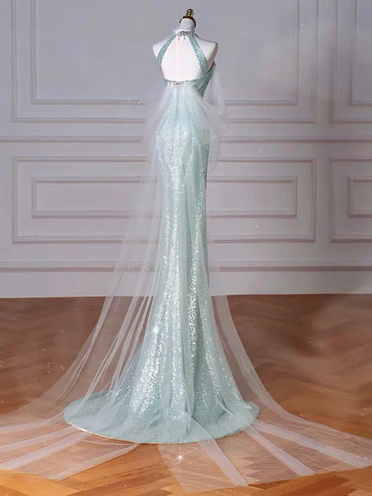 Mint Green Sequins Removable Sleeves Halter Long Prom Gown, Formal Dresses  MD7241