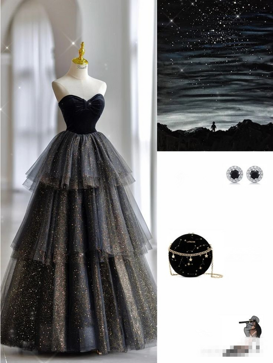 Shiny Black Sweetheart A-Line Tulle Long Formal Party Dress Evening Gown MD7534