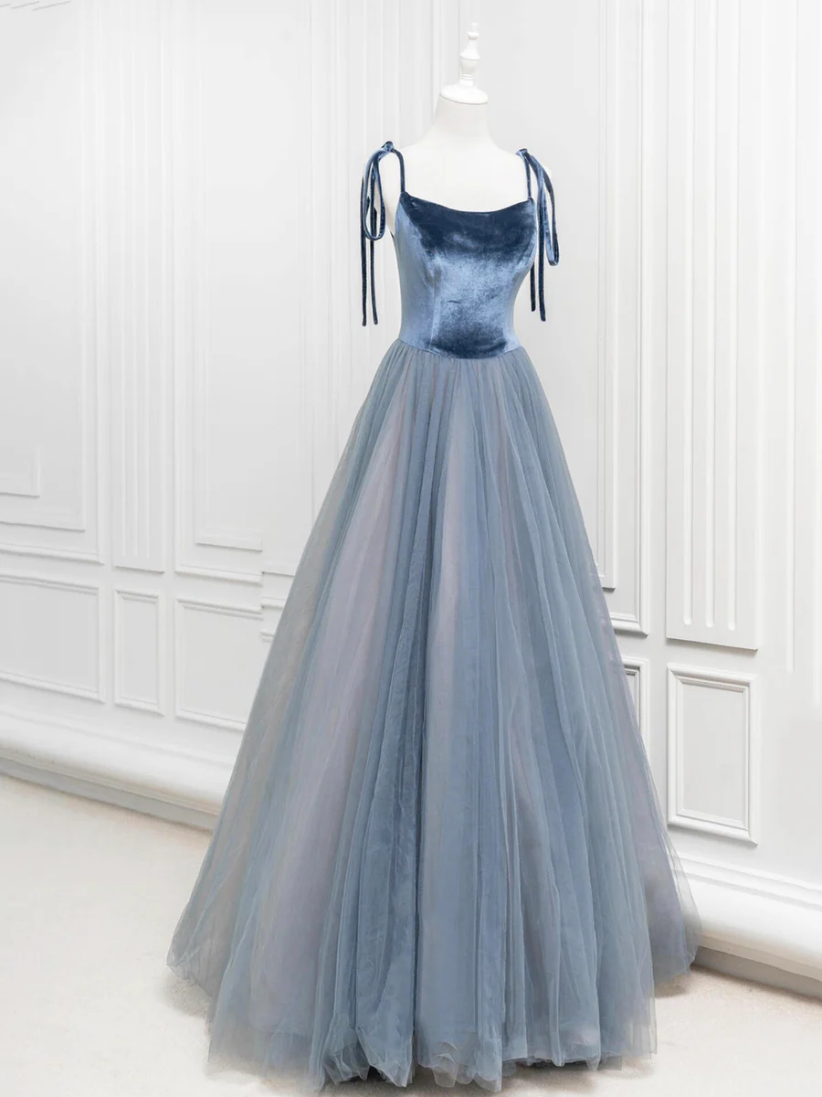 Gray Blue A-Line Velvet Tulle Long Prom Dress Evening Party Dress MD7197