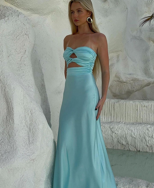 Blue Strapless A-Line Satin Long Party Dress Wedding Guest Dress MD7397