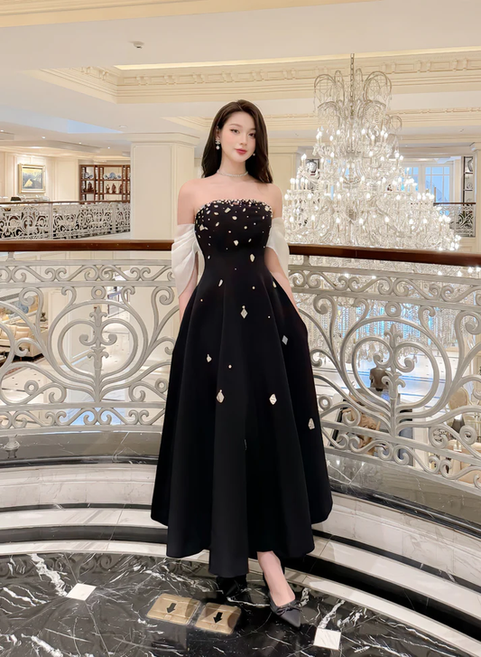 Elegant Black Off Shoulder A-Line Beading Long Party Dress Evening Gown MD7550