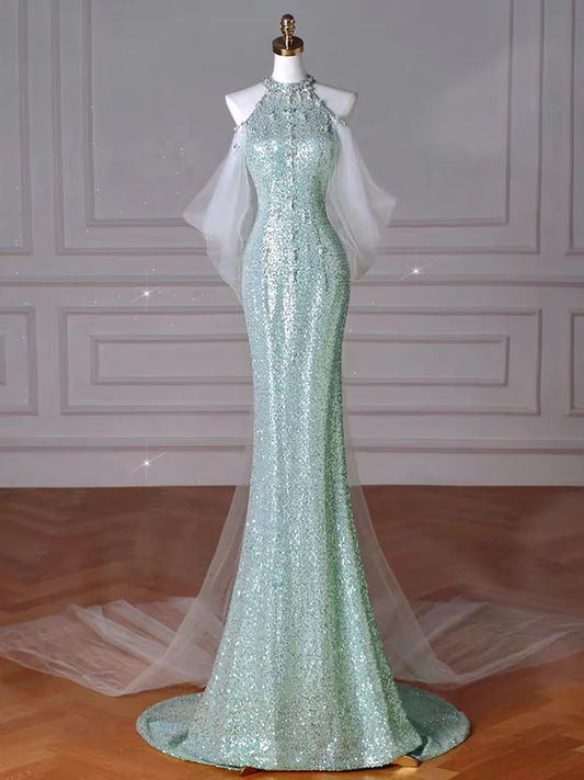 Mint Green Sequins Removable Sleeves Halter Long Prom Gown, Formal Dresses  MD7241