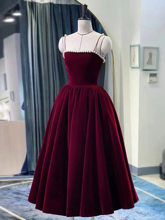 Simple burgundy tea length prom dress, burgundy homecoming dress  MD7234