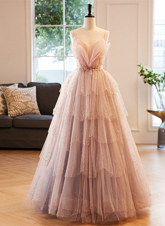 Stunning Pink Spaghetti Straps A-Line Long Prom Dress Evening Gown MD7333