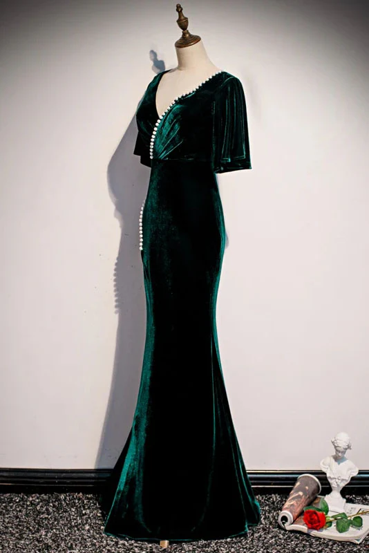 Dark Green Velvet Mermaid V-Neck Formal Dress Party Dress Long Evening Dress MD7218