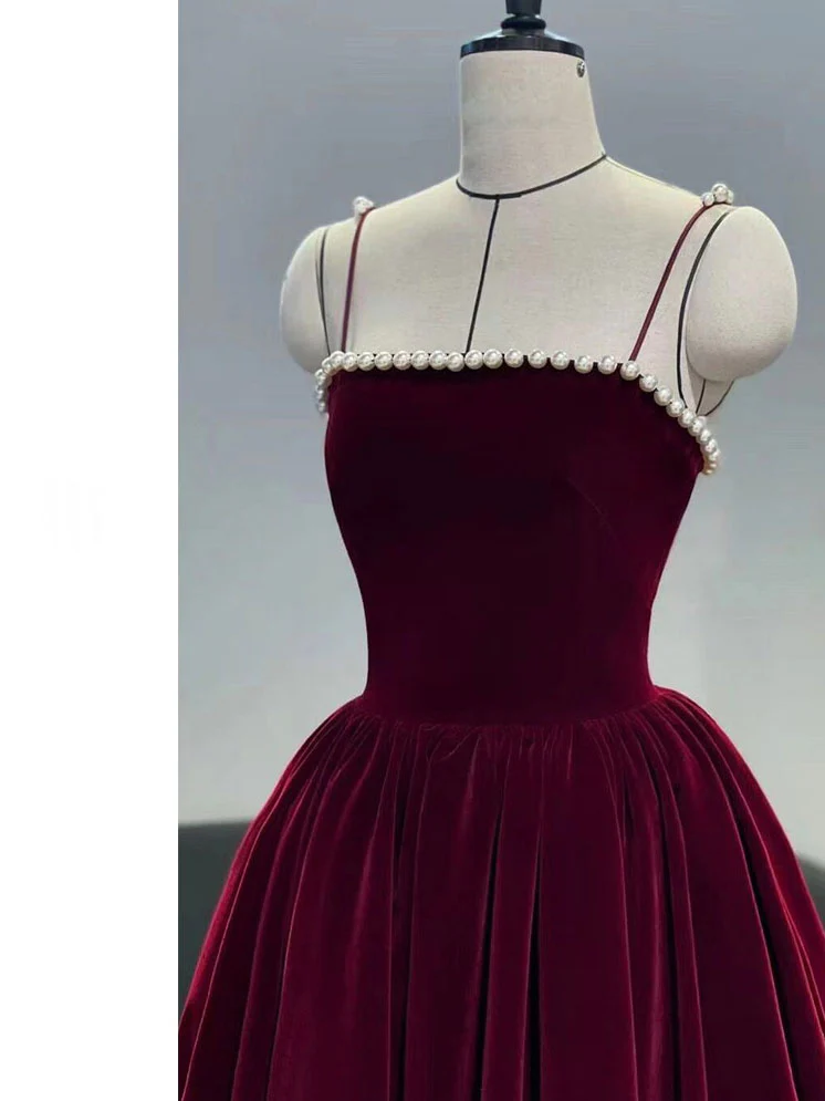 Simple burgundy tea length prom dress, burgundy homecoming dress  MD7234