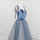 Gray Blue A-Line Velvet Tulle Long Prom Dress Evening Party Dress MD7197