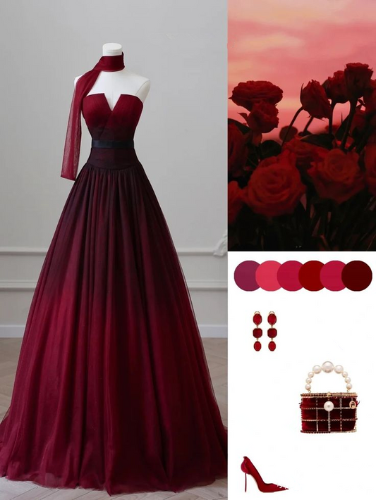 Burgundy Strapless A-Line Gradient Long Formal Prom Dress Evening Gown MD7533