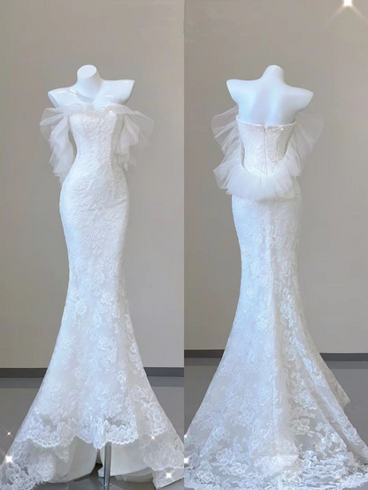 White Strapless Lace Tulle Mermaid Wedding Dress Birthday Outfits MD7490