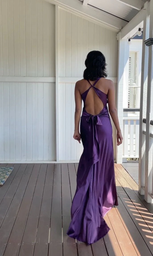 Elegant Purple V Neck Halter Sheath Satin Simple Long Prom Dress MD7638