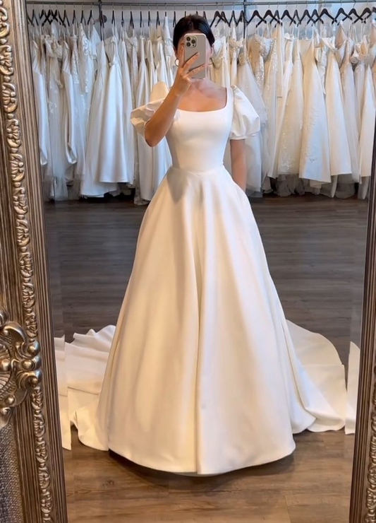 White A-Line Short Sleeves Satin Long Party Dress Wedding Dress MD7462