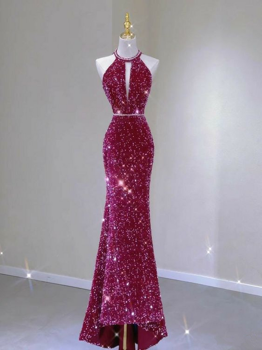 Elegant Fuchsia Halter Sequins Mermaid Long Evening Party Dress MD7494