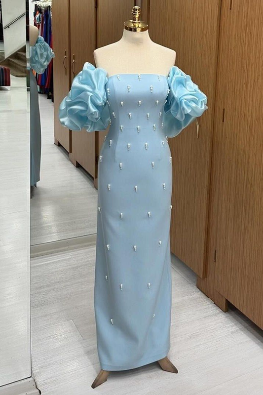 Light Blue Strapless Sheath Satin Beading Long Evening Party Dress MD7382