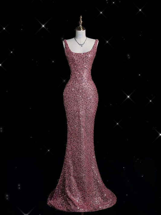 Shiny Pink Straps Sequins Mermaid Long Formal Party Dress Evening Gown MD7514