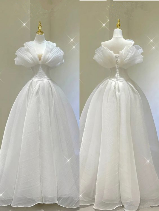 Cute A-Line Strapless White Chiffon Long Party Dress Wedding Gown MD7512