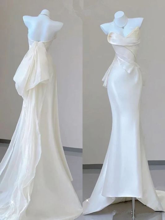 White Strapless Satin Mermaid Long Wedding Dress Birthday Outfits MD7507