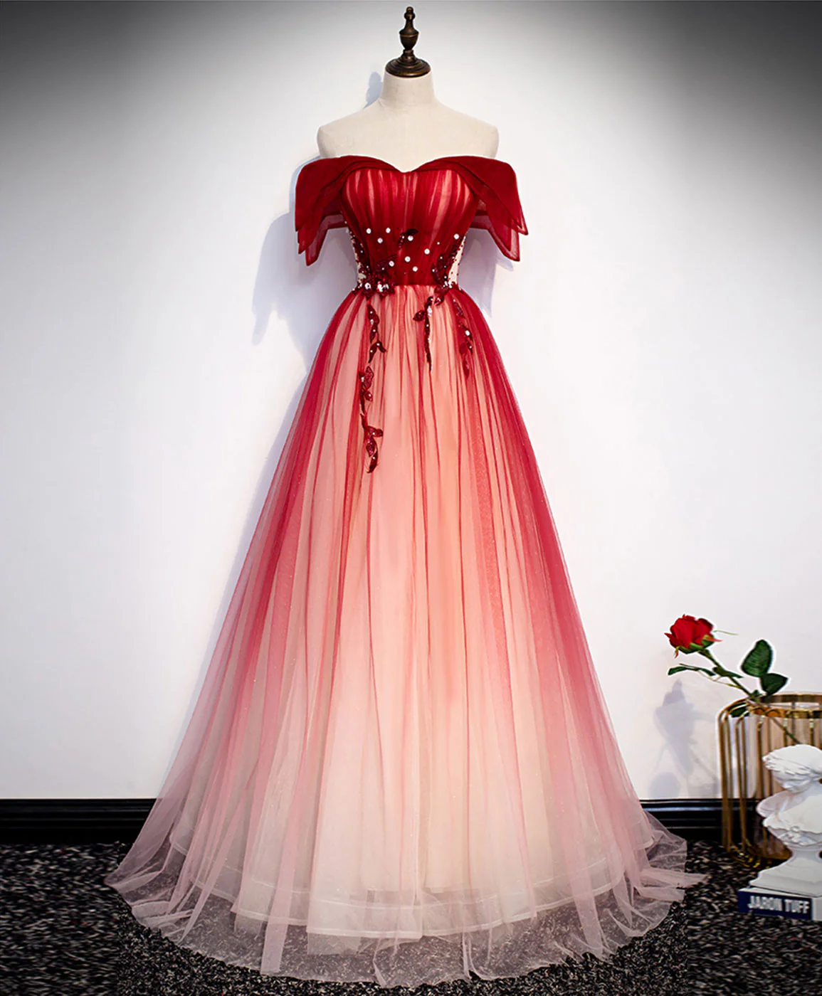 Burgundy Off Shoulder Tulle Long Prom Dress Burgundy Formal Dress  MD7236