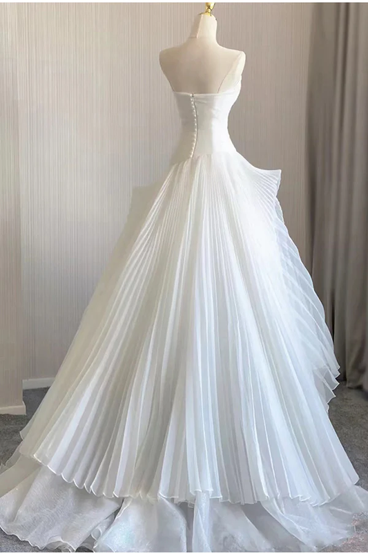 Elegant White Strapless A-Line Chiffon Long Wedding Dress MD7599