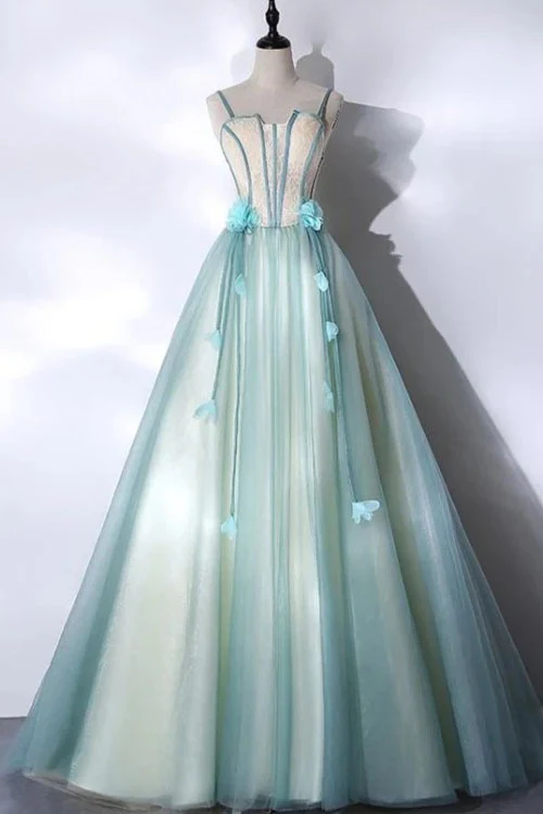 Mint Green Straps Long Tulle Sweet Dress, Unique Long Party Dress MD7219