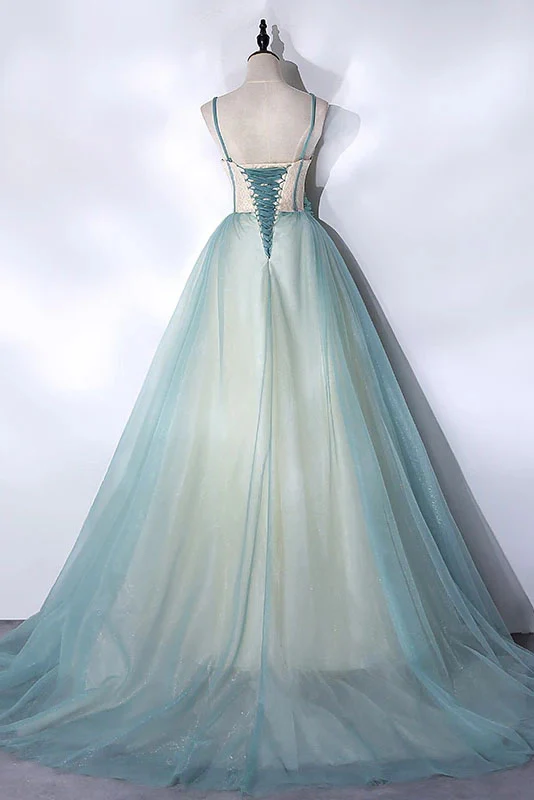 Mint Green Straps Long Tulle Sweet Dress, Unique Long Party Dress MD7219