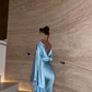 Blue Long Sleeves Cross Back Mermaid Satin Long Party Dress MD7425