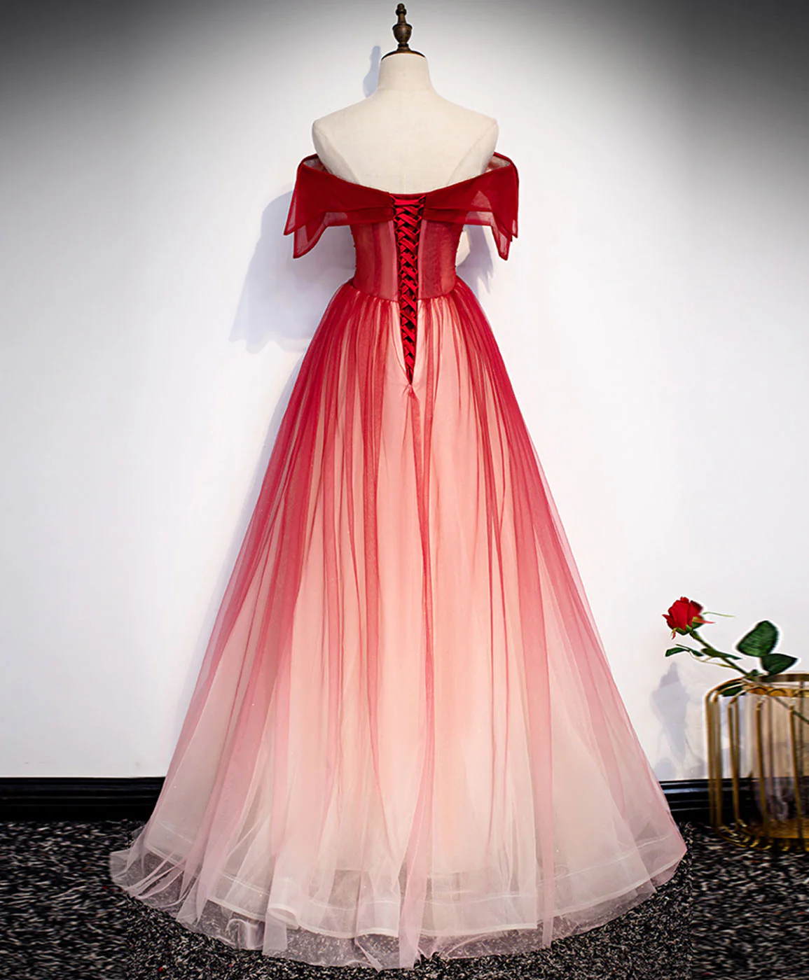 Burgundy Off Shoulder Tulle Long Prom Dress Burgundy Formal Dress  MD7236