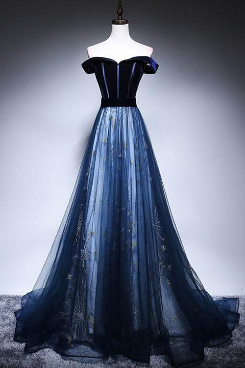 Dark Blue Velvet Tulle Long Prom Dress, Elegant Off the Shoulder Evening Dress  MD7242