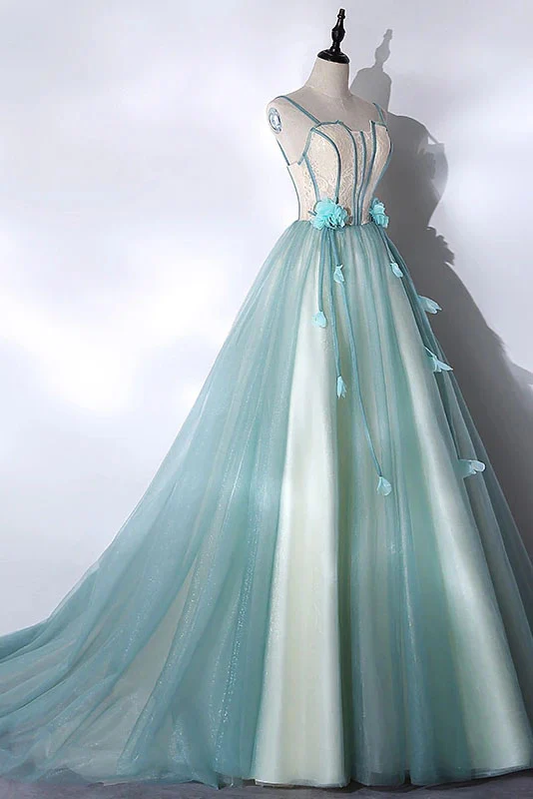 Mint Green Straps Long Tulle Sweet Dress, Unique Long Party Dress MD7219