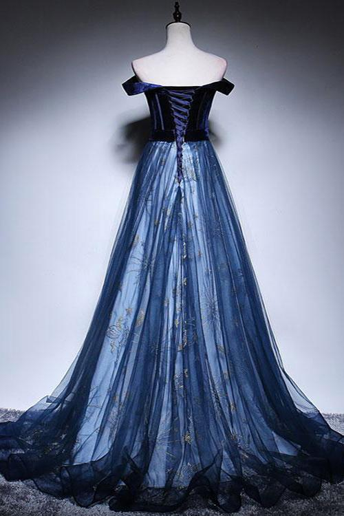 Dark Blue Velvet Tulle Long Prom Dress, Elegant Off the Shoulder Evening Dress  MD7242