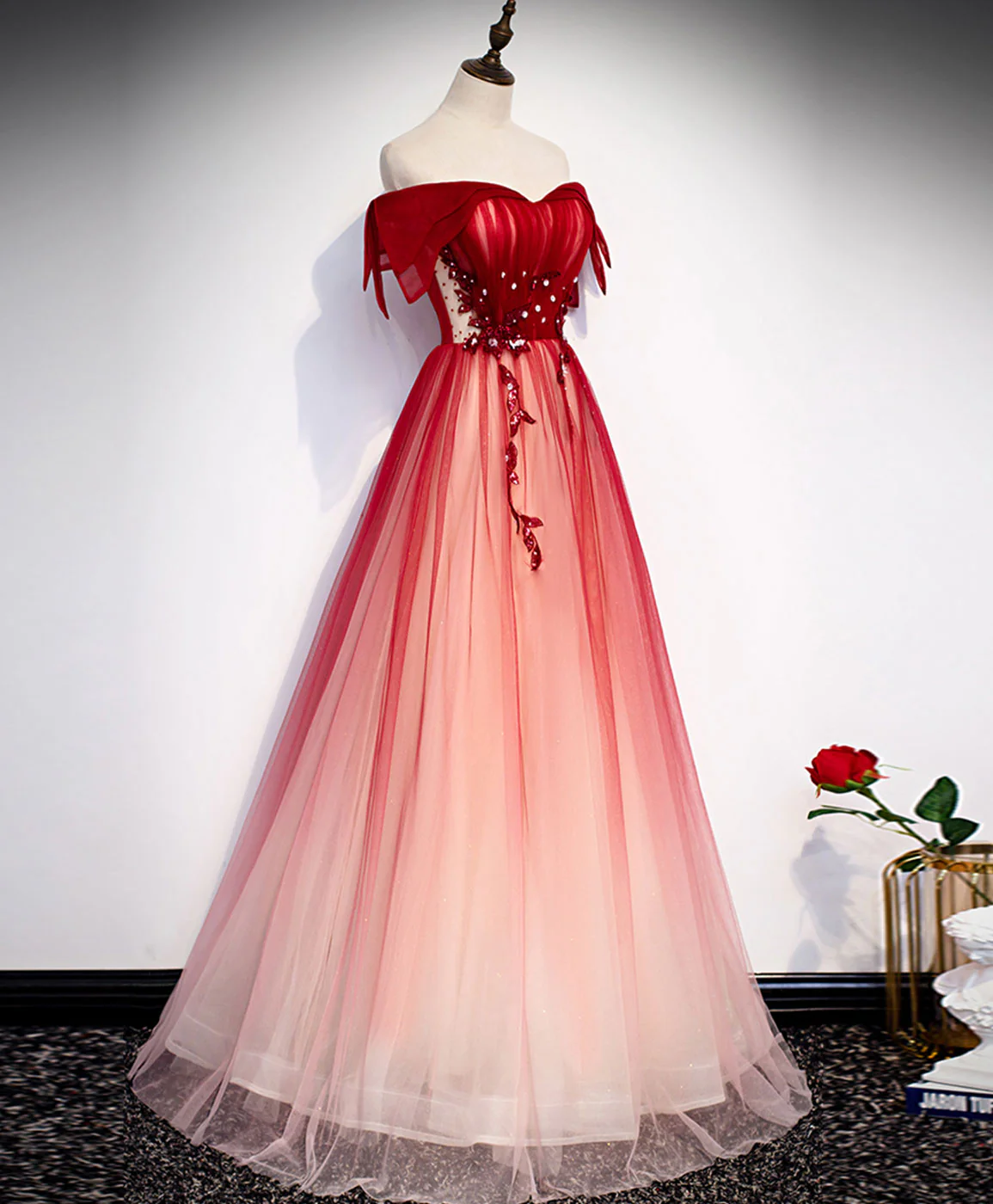 Burgundy Off Shoulder Tulle Long Prom Dress Burgundy Formal Dress  MD7236