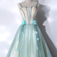 Mint Green Straps Long Tulle Sweet Dress, Unique Long Party Dress MD7219