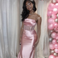 Light Pink Strapless Satin Black Girl Long Party Dress Birthday Outfits MD7772