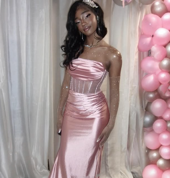 Light Pink Strapless Satin Black Girl Long Party Dress Birthday Outfits MD7772