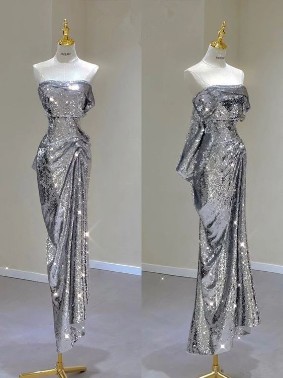 Silver Strapless Sequins Sheath Long Party Dress Birthday Outfits MD7375