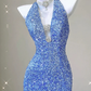 Blue V Neck Halter Sequins Sheath Long Party Dress Birthday Outfits MD7376