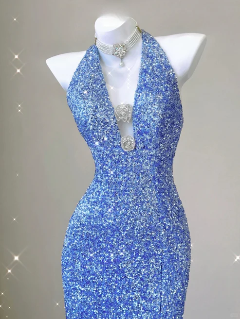 Blue V Neck Halter Sequins Sheath Long Party Dress Birthday Outfits MD7376