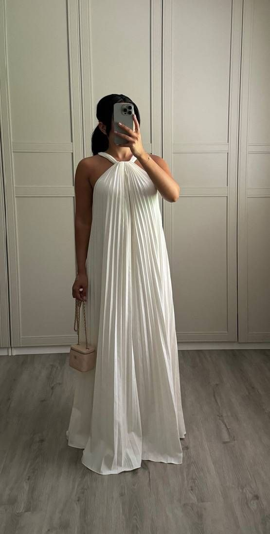 White Halter A-Line Pleated Long Party Dress Fashion Dress for Women MD7346