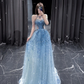 Blue Halter A-Line Tulle Sequins Long Party Dress Birthday Outfits MD7483