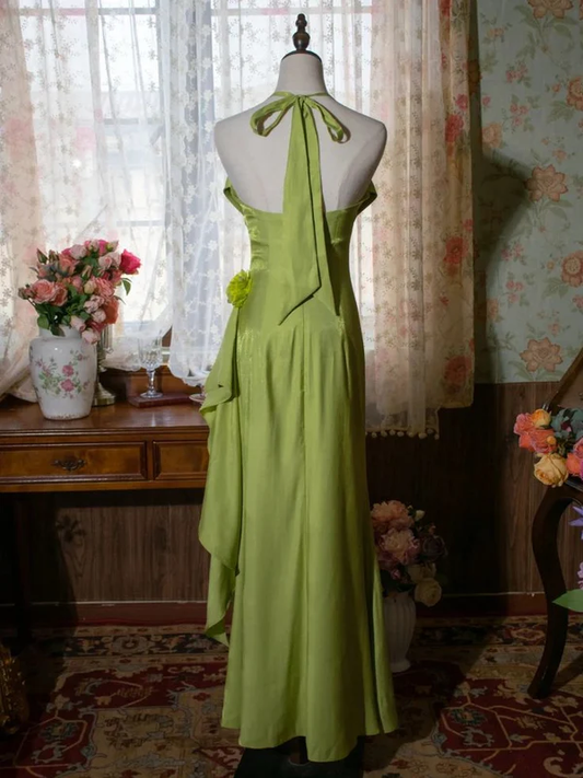 Green Halter Appliques Ruffles Vintage Long Party Dress MD7504